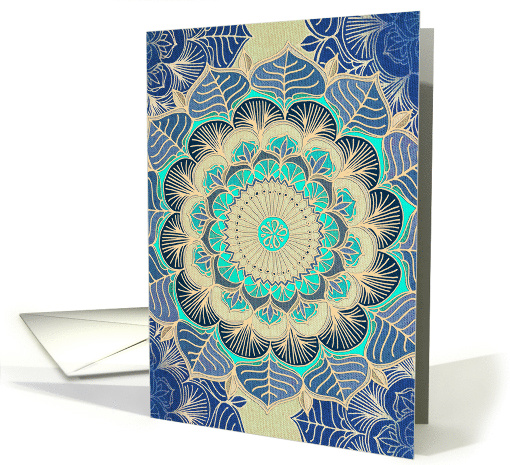 Blank Any Occasion Floral Tangle Doodle Mandala in Blue and Gold card