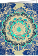 Floral tangle doodle flower in navy, mint green, gold, blank card. card