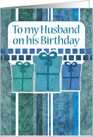 Happy Birthday to My Husband with Gift Boxes and Blue Green Stripes card