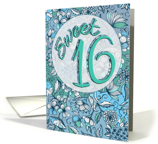 Happy Sweet 16th Birthday with Blue Green Floral Pattern card