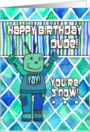 Happy 3rd Birthday, Dude, blue & green robot with diamond pattern card