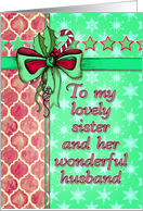 Christmas card for sister & husband, snowflakes, holly, ribbon, stars card