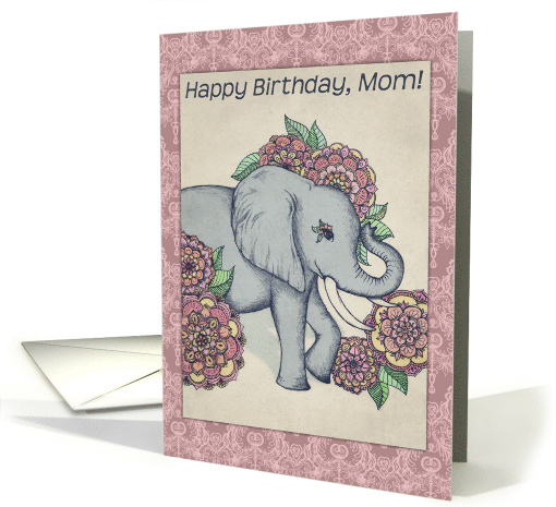 Happy Birthday Mom Cute Elephant Illustration in Vintage Pastels card