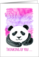 Thinking of you, cute panda bear watercolor painting, pink, purple card