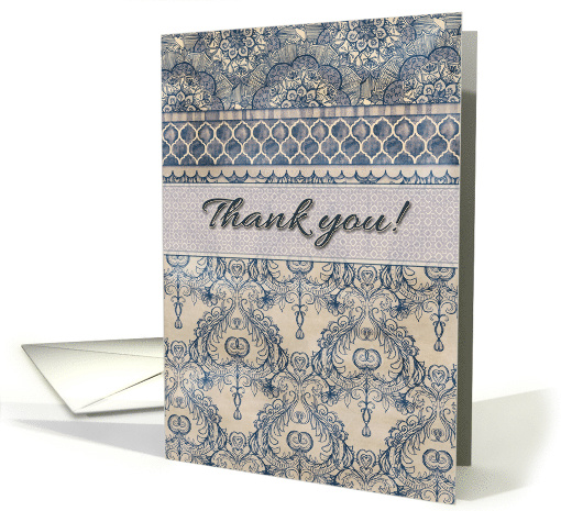 Thank You Vintage Wallpaper Doodle Patterns in Blue and Cream card