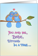 Happy Valentine’s Day, two birds in a tree, painted illustration card