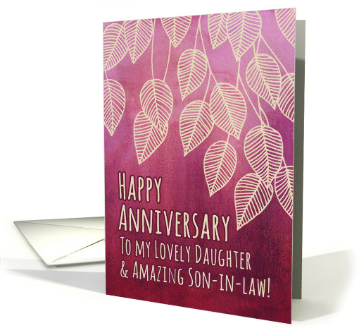 Happy Anniversary Daughter & Son-in-law with Leaves on Dark Pink card