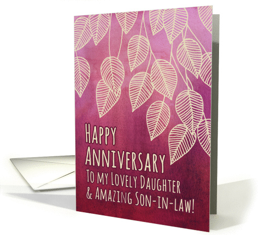 Happy Anniversary, Daughter & Son-in-law, pink watercolor, leaves card