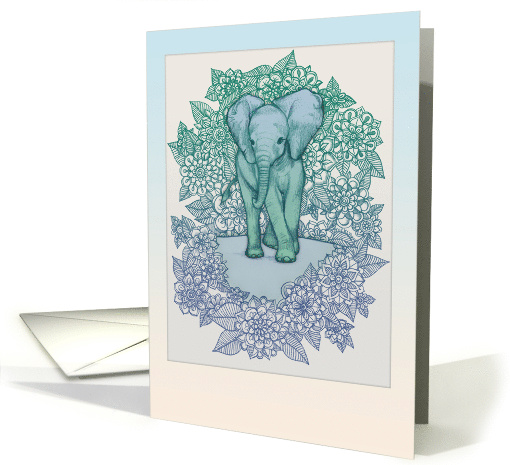 Blank Any Occasion Cute Boho Elephant Doodle in Blue & Green card