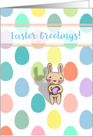 Easter Greetings Cute Bunny Illustration and Pastel Eggs on White card