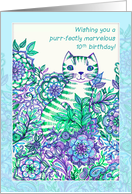 Happy 10th Birthday with Cute Cat and Flowers card