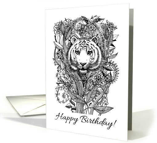 Happy Birthday! Black & white hand drawn doodle tiger... (1272188)