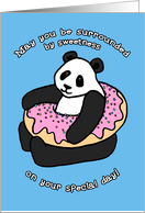 Happy Birthday with Cute Panda Pink Donut Illustration on Blue card