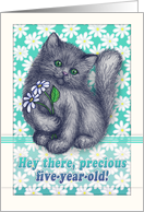 Happy 5th Birthday, cute kitten with daisies, pencil illustration card