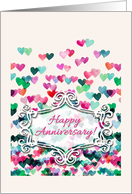 Happy Anniversary with Watercolor Hearts in Pink Purple and Green card