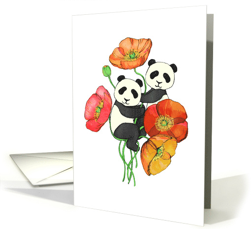 Poppy Flowers with Pandas Blank Inside Cute Hand Drawn... (1323002)