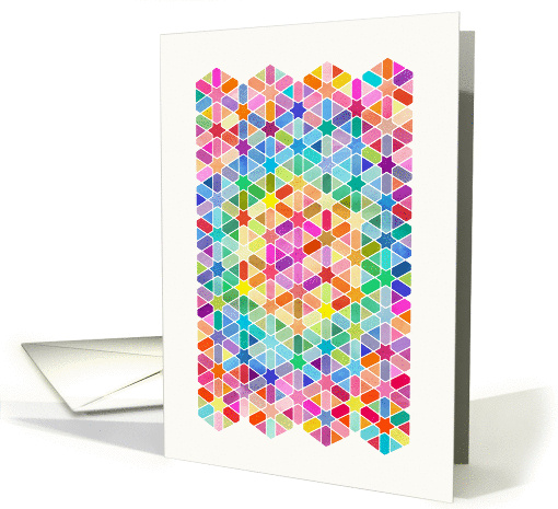 Colorful Rainbow Star & Hexagon Pattern on White, blank inside card