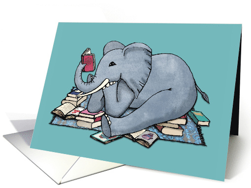 Blank Any Occasion Cute Illustration of an Elephant Reading Books card