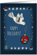 Happy Holidays! Navy blue, red & white dove & bauble illustration card