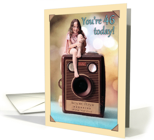 Happy 46th Birthday - cute smiling girl on vintage camera card