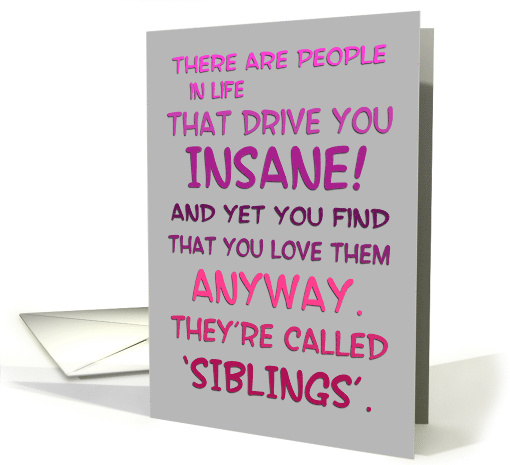 Happy Siblings Day Funny Humor with Pink and Purple Typography card