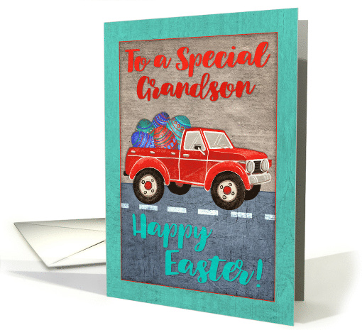 Happy Easter for Grandson with Giant Eggs in a Cute Red Truck card