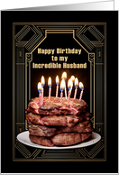 Happy Birthday to My Husband with Carnivore Steak Cake and Candles card