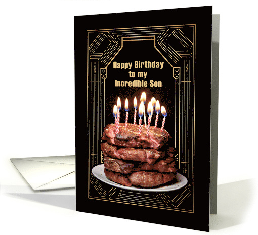 Happy Birthday to My Son with Carnivore Steak Cake and Candles card