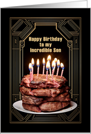 Happy Birthday to My Son with Carnivore Steak Cake and Candles card