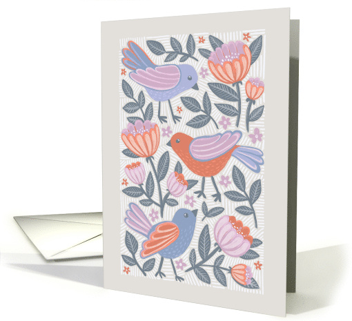 Blank Any Occasion Folk Art Style Bonny Little Birds and Blooms card