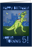 Happy 5th Birthday with Boy Knight Riding a Dinosaur card