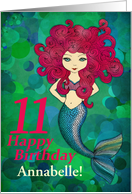11th Birthday, Cute Mermaid with pink hair, customizable front text card