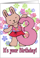 Birthday card, 3 year old, cute girly bunny, flowers. card