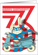 Birthday card, 3 year old, cute superhero bunny with scooter, cape. card