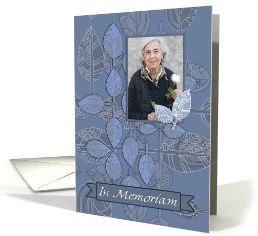 Memorial invitation, blue and grey leaf pattern, customizable. card