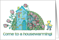 Housewarming invitation, cute little bird and turquoise house, flowers card