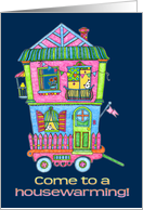 Housewarming invitation, cute hand drawn illustration, house on wheels card