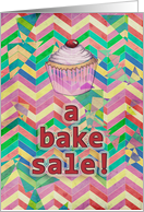 Bake Sale Invitation, Pink Cupcake with cherry, chevron patterns. card