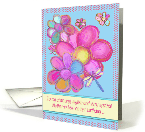 Happy Birthday Mother-in-Law with Dragonfly and Colorful Flowers card