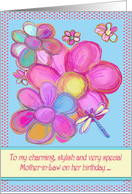 Happy Birthday Mother-in-Law, bright doodle flowers, dragonfly drawing card