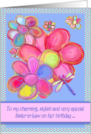 Happy Birthday Sister-in-Law with Bright Colorful Flowers & Dragonfly card