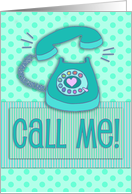 Call me! Cute hand drawn telephone with heart, mint stripes, polka dot card