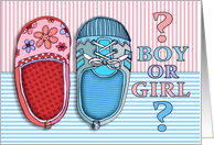 Gender Reveal Party Invitation, baby shoes, boy or girl? pink, blue. card