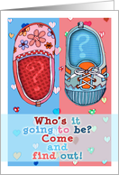 Gender Reveal Party Invitation, baby shoes, boy or girl? pink, blue. card