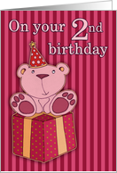 Happy Birthday, 2nd birthday, teddy with gift, pink, crimson, yellow card