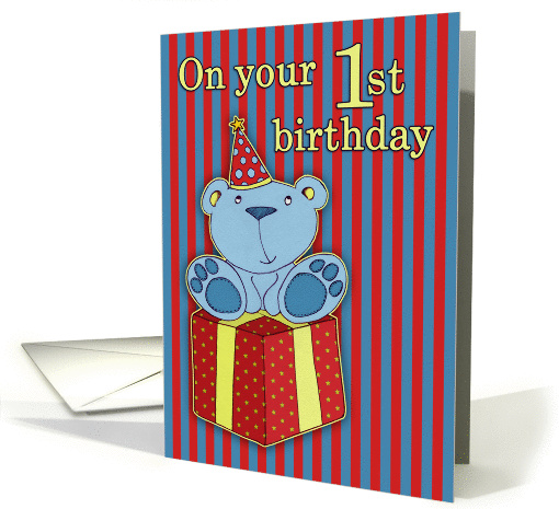 Happy Birthday, 1st birthday, teddy with gift, red, blue, yellow card