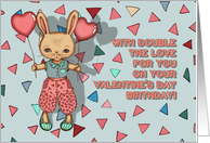 Valentine’s Day Birthday, cute bunny illustration, heart balloons card