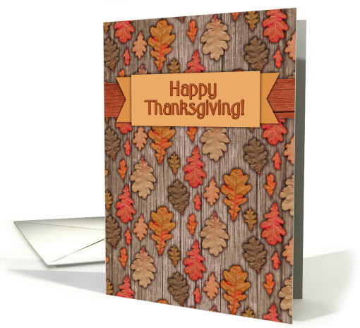 Happy Thanksgiving! Autumn / Fall oak leaves, wood, banner card