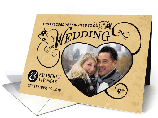 Fancy Black & Tan Heart Custom Photo Wedding Invitation card (1347932)