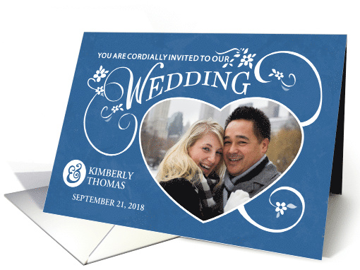 Blue & White Fancy Floral Heart Custom Photo Wedding Invitation card